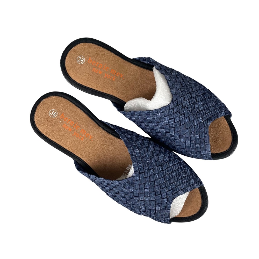 Bernie Mev New York Woven Elastic Slide Sandals Blue Denim Memory Foam Size 38 - Picture 2 of 6